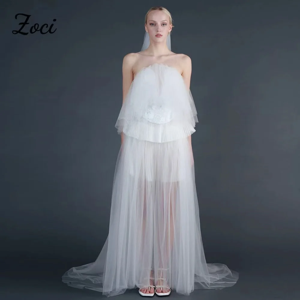 Zoci 妖精チュールのウェディングドレスストラップレスノースリーブフロアロングウェディングパーティードレス Vestido De Noche 女性カスタマイズ