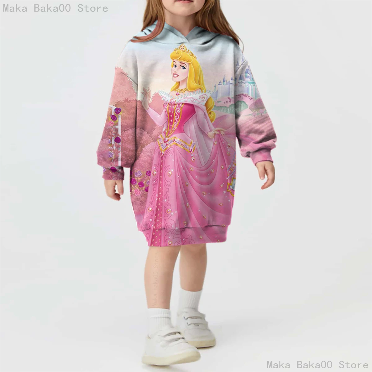 Fall Winter Girls Disney Aurora Sleeping Beauty Princess Hoodie Kids Dress Printed Dress Long Sleeve Pullover 2023