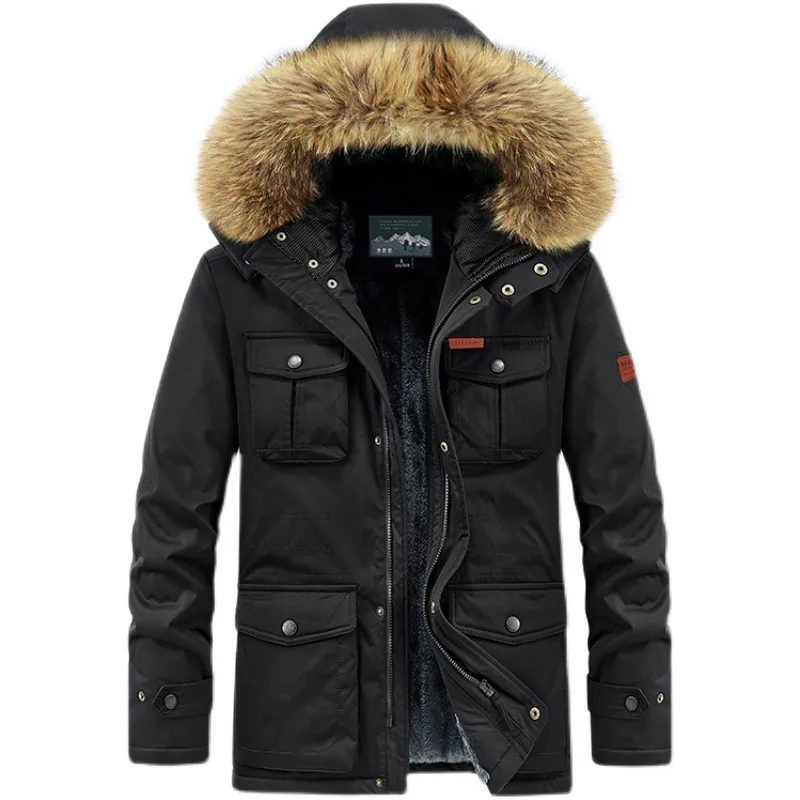 Men's Winter Fleece Cotton-Padded Jacket Mid-Length Hooded Casual Thick Warm Coat Youth Outerwear