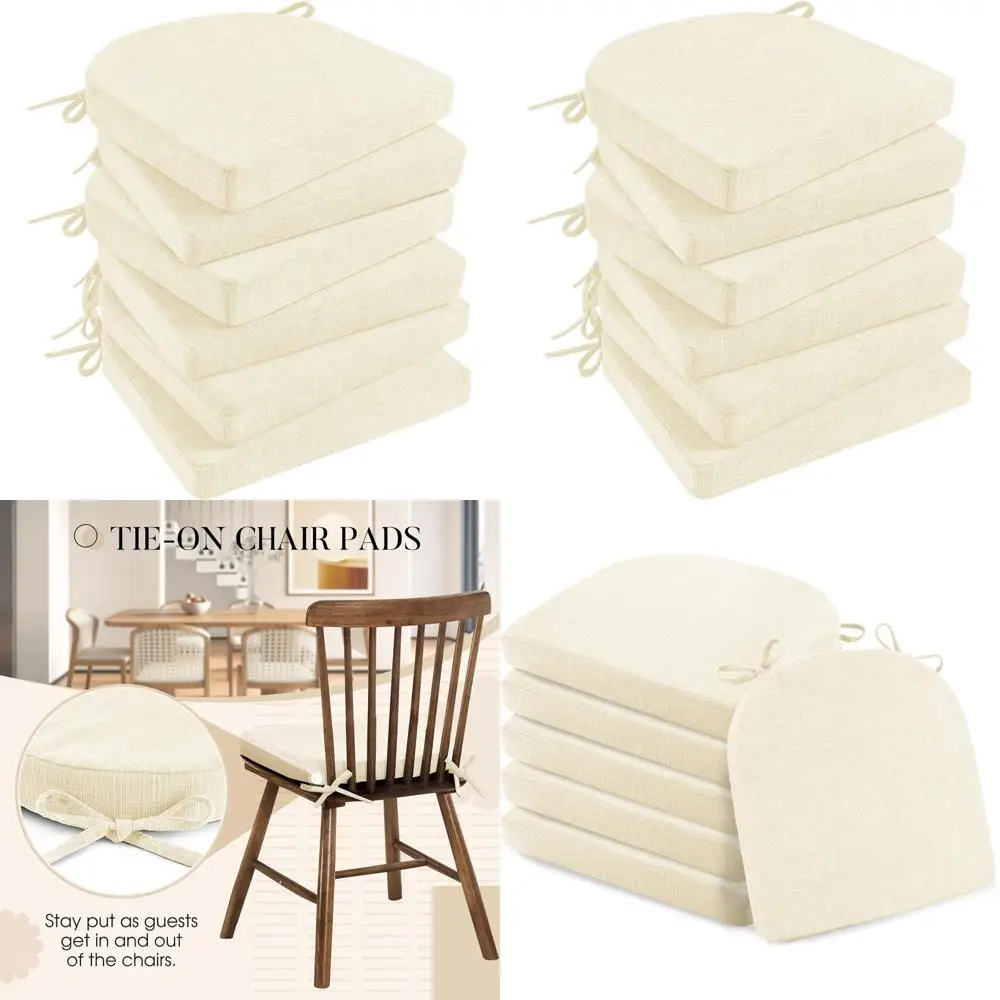 

Set of 6 Dining Chair Cushions, 16x16 Beige Kitchen Seat Pads with Ties and Non-Slip Backing