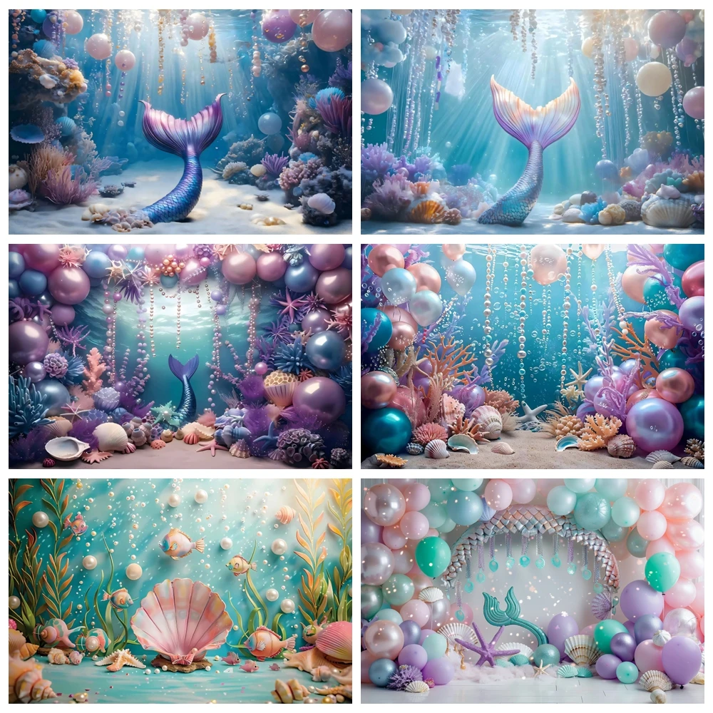 Mermaid Backdrop for Photography Underwater World Castle Seashell Princess Girl Birthday Baby Shower Cake Smash Photo Background