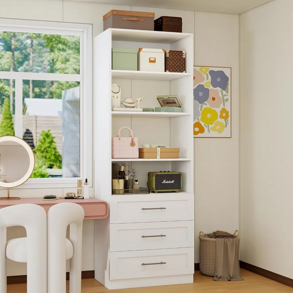 Closet System with 3 Drawers & 4 Shelves, Wood Closet Organizer System with 1 Extra Hanging Rod for Walk in Closet, Modular Clos