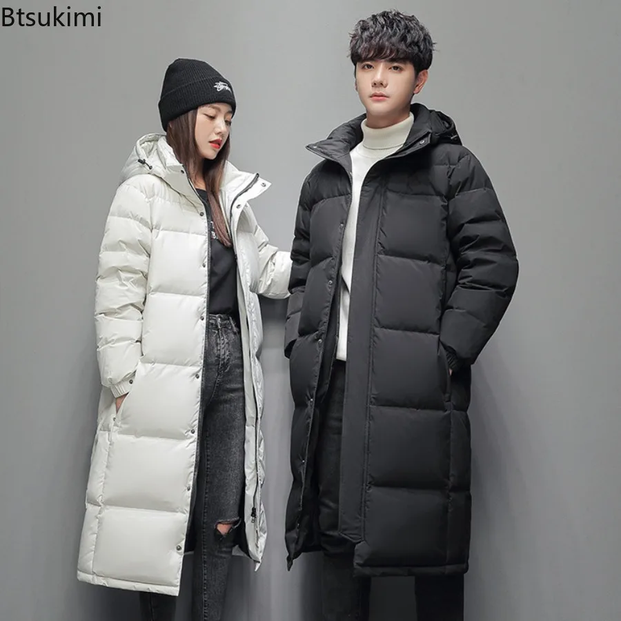 2026 New Men's Down Jackets Fashion Slim Warm Long Cotton-padded Jackets Korean Style Hooded Couple Coats Winter Leisure Parkas