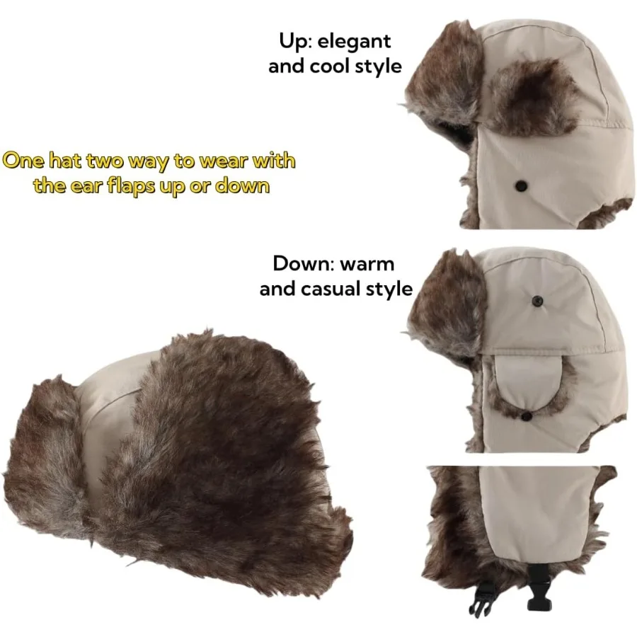 LLmoway Cappello da cacciatore Cappello invernale caldo in pelliccia sintetica con paraorecchie Cappelli da sci da neve impermeabili antivento per uomo Donna Tempo freddo