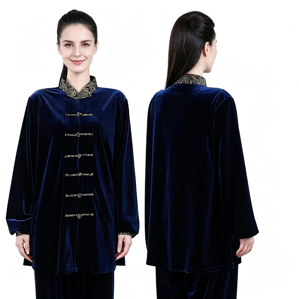 Luxury Velvet Tai Chi Training Uniform Chinese Classic Frog Buttons Martial Arts Costume Autumn Winter Warm KungFu Set