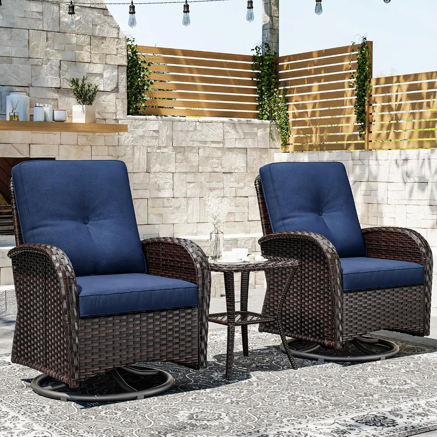 Outdoor Swivel Rocker Chairs, 3 Piece Wicker Patio Set with Thickened Cushions, High Back, Deep Seating, Wide, Customized