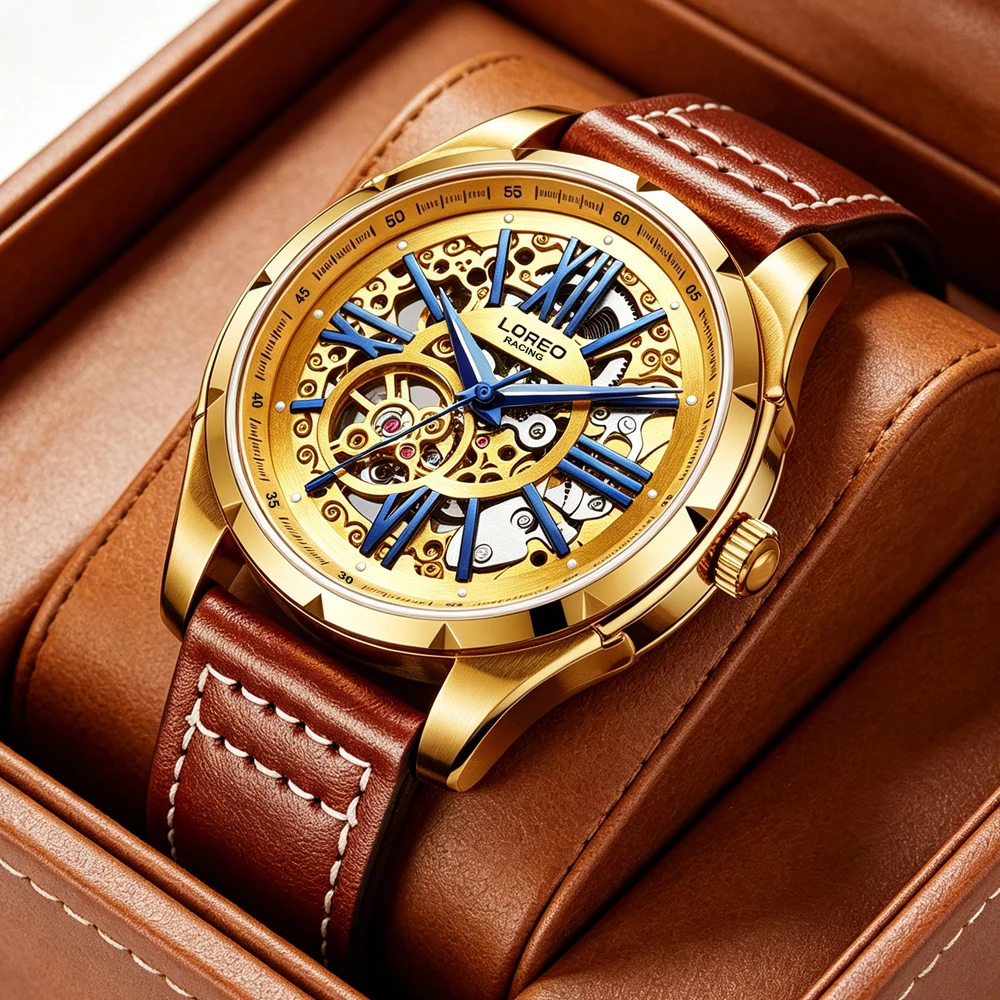 LOREO Original Watch Men's Sports Hollow Luminous Automatic Mechanical Watch Birthday Gift for Men High Quality Leather Strap