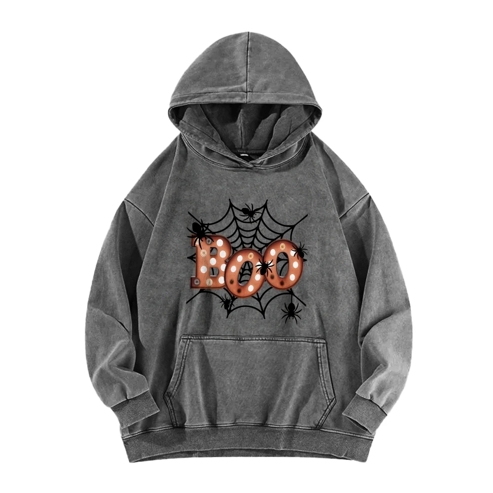 Halloween Casual Washed Hoodie BOO Spooky Spider\'s Web Unisex Women\'s Men\'s Pullovers Y2k Hoodies New Gothic Top Halloween