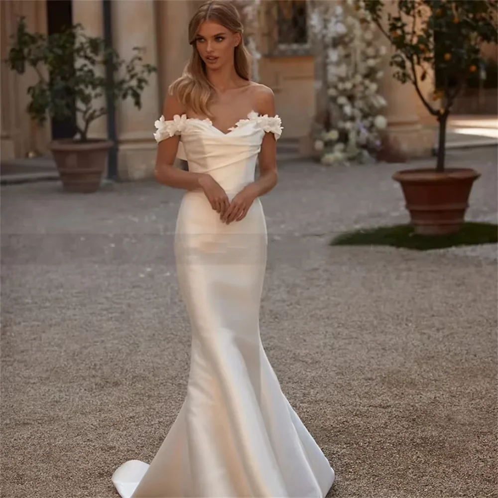 On Zhu Ivory Mermaid Wedding Dresses 2025 Detachable Train Off Shoulder 3D Flowers Bride Dress Satin Wedding Gowns Plus Size