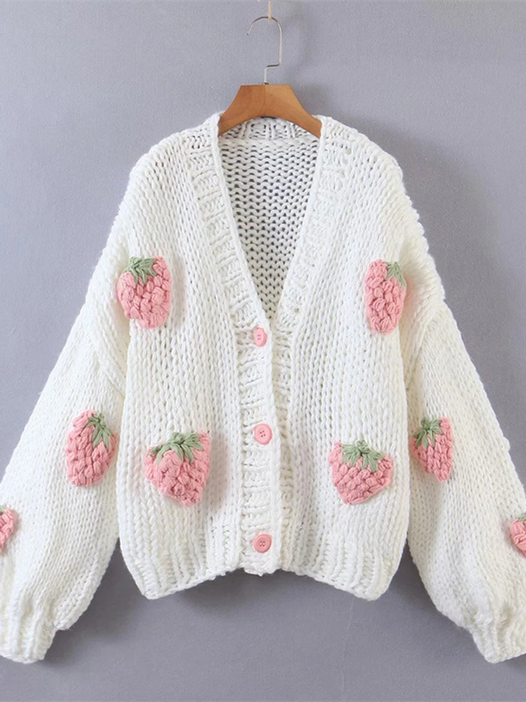 LANMREM Sweet Strawberry Knited Sweater Womne\'s V-neck Puff Sleeves Single Breasted Chic Sweaters 2024 Autumn New 2Z2352