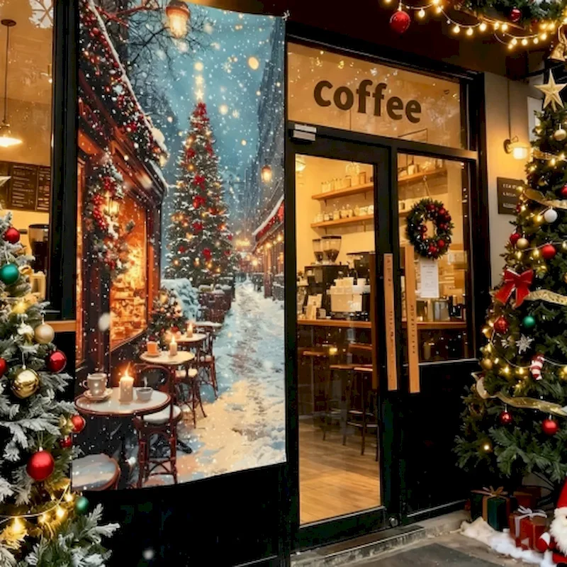 VIKAMA Winter Snow Town Christmas Tapestry Coffee Shop Street View Wall Hanging Photo Pavilion Home Wall Decoration Cloth
