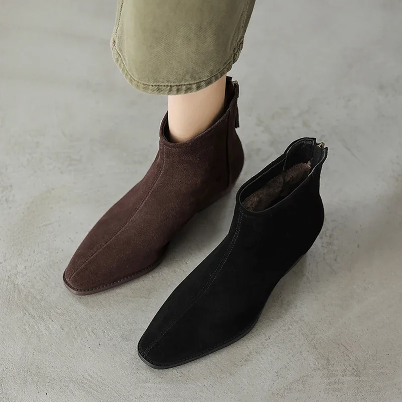 2026 new autumn winter women ankle boots plus size 22-26cm cow suede upper round toe thick heel back zip short boots fashion
