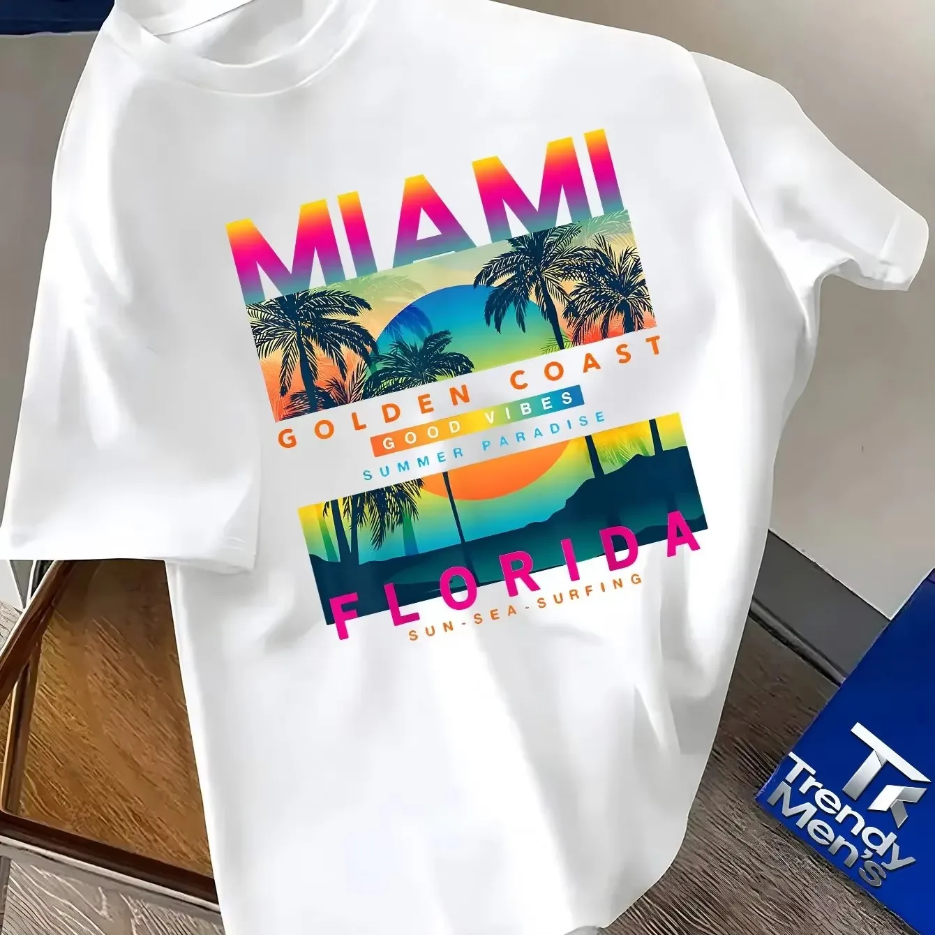 2026 New Pop Family Matching Oversized Unisex T Shirt Miami Florida Sunset Palm Tree Back Print Summer Streetwear Cotton Top