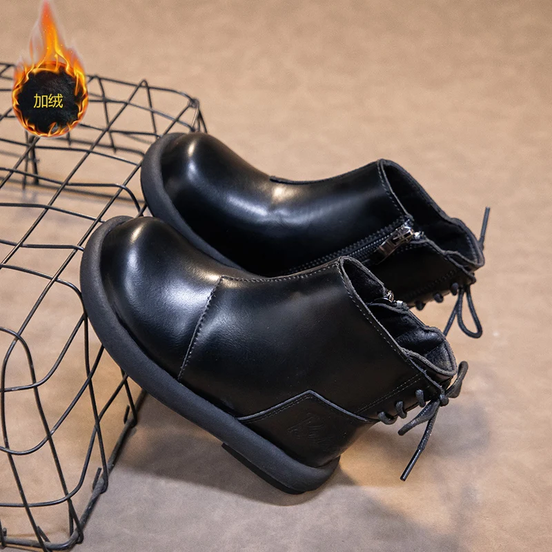 2025 جديد الأطفال أحذية بوت قصيرة أسلوب بسيط بنين بنات حذاء من الجلد الدافئة السببية الاطفال أحذية جلدية أنيقة الجانب سستة الدانتيل يصل #2