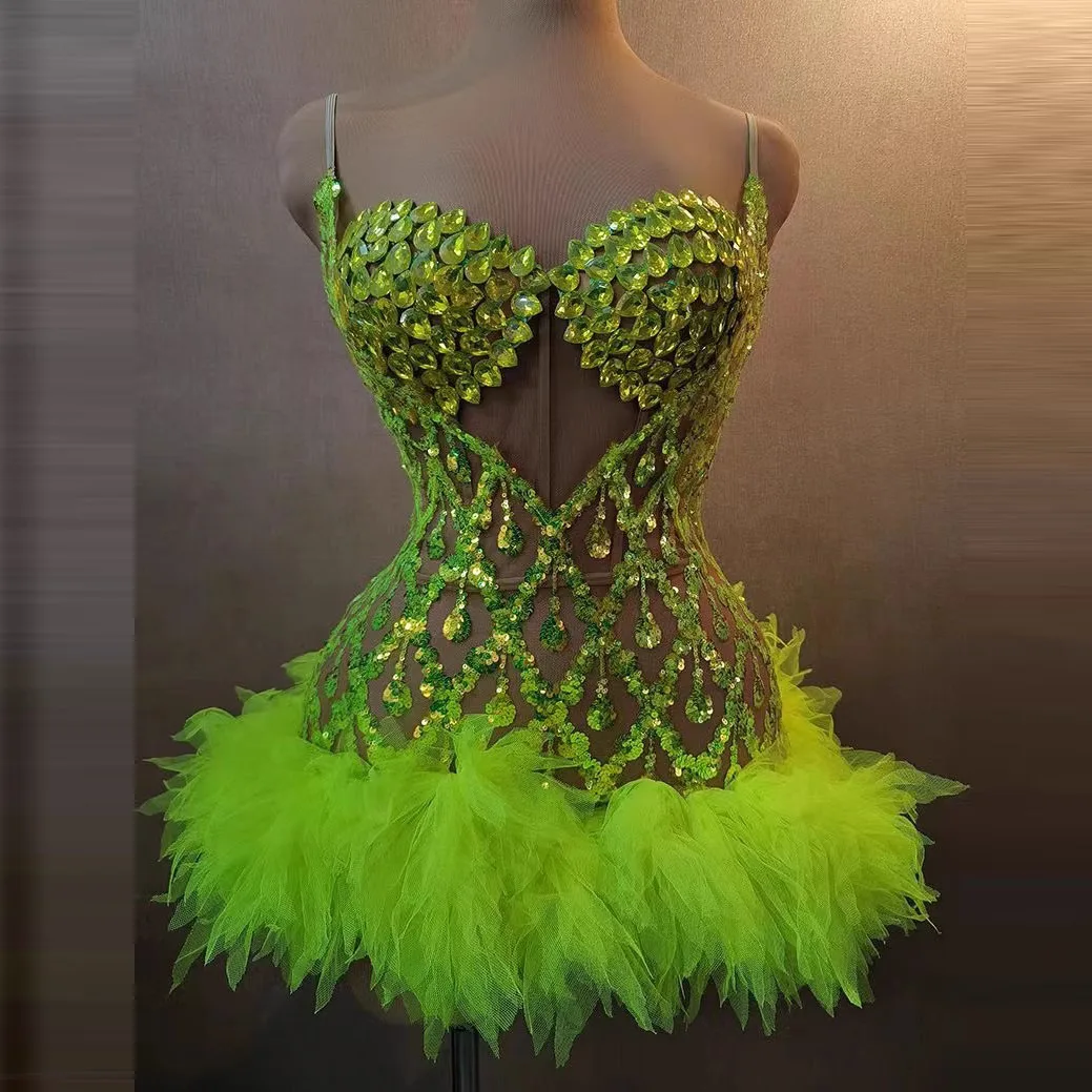 Luxury Neon Yellow Crystal Women Mini Maxi Dresses To Birthday Holiday Party Sexy See Thru Beaded Female Short Dress