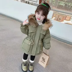 Winter Girls Fashion Fur Hooded Thick Warm Embroidery Bear Parkas Kids Casual Coat Outerwear 90-140cm