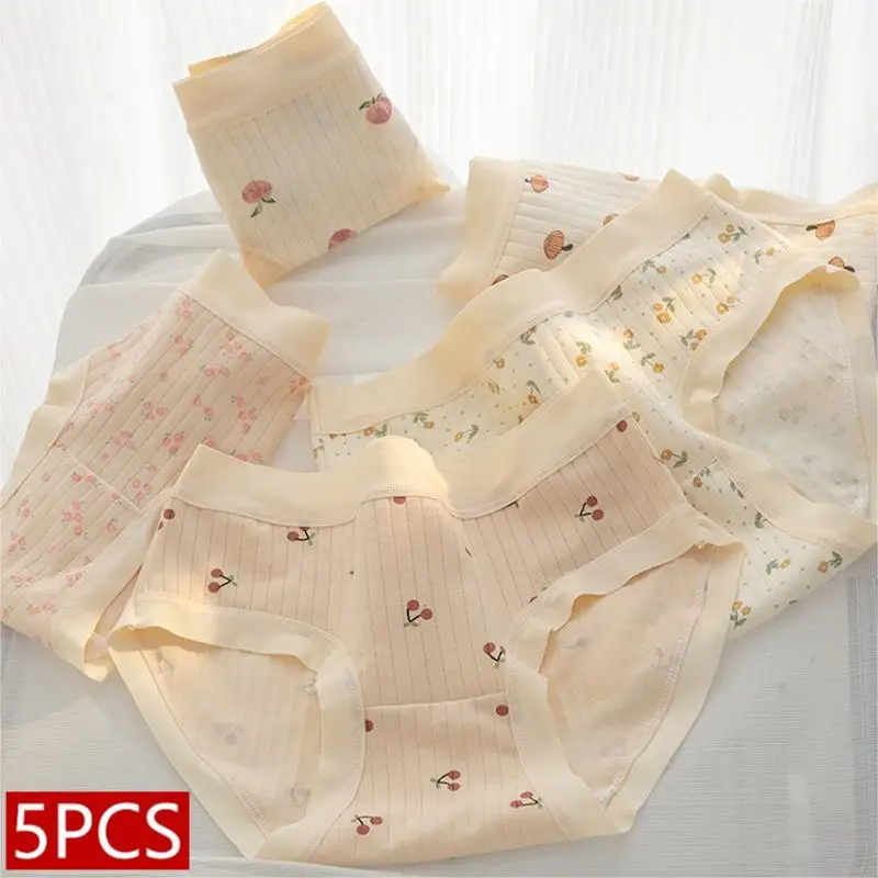 5 sztuk/partia drukuj bawełniane majtki dziewczęce figi seksowna bielizna damska kalesony bielizna w kwiaty średniej talii oddychające majtki M-XL