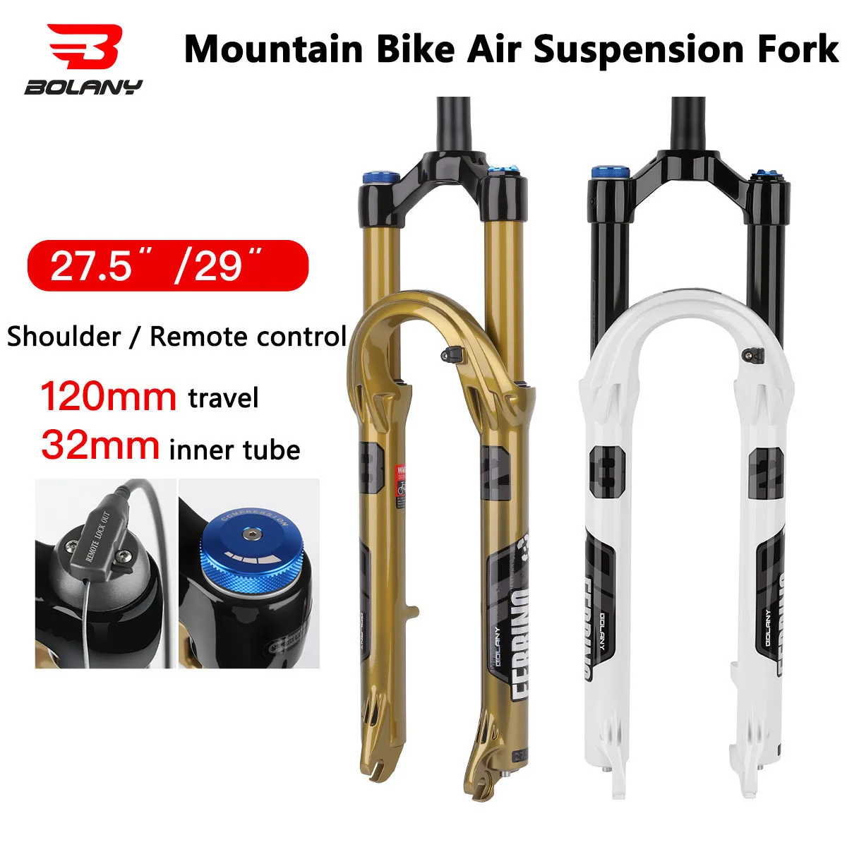 

BOLANY MTB Air Suspension Fork, 27.5"/29",Quick Release,Damping Adjustment,120mm Travel,32mm Inner Tube,Shoulder/Remote Control