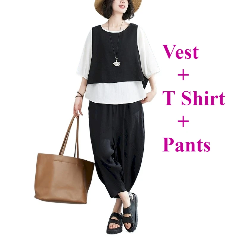 Fashion Sets for Women Casual Loose T-shirts Suits Oversized T Shirt and Vest and Haren Pants 3 Piece Set Summer Women Clothes