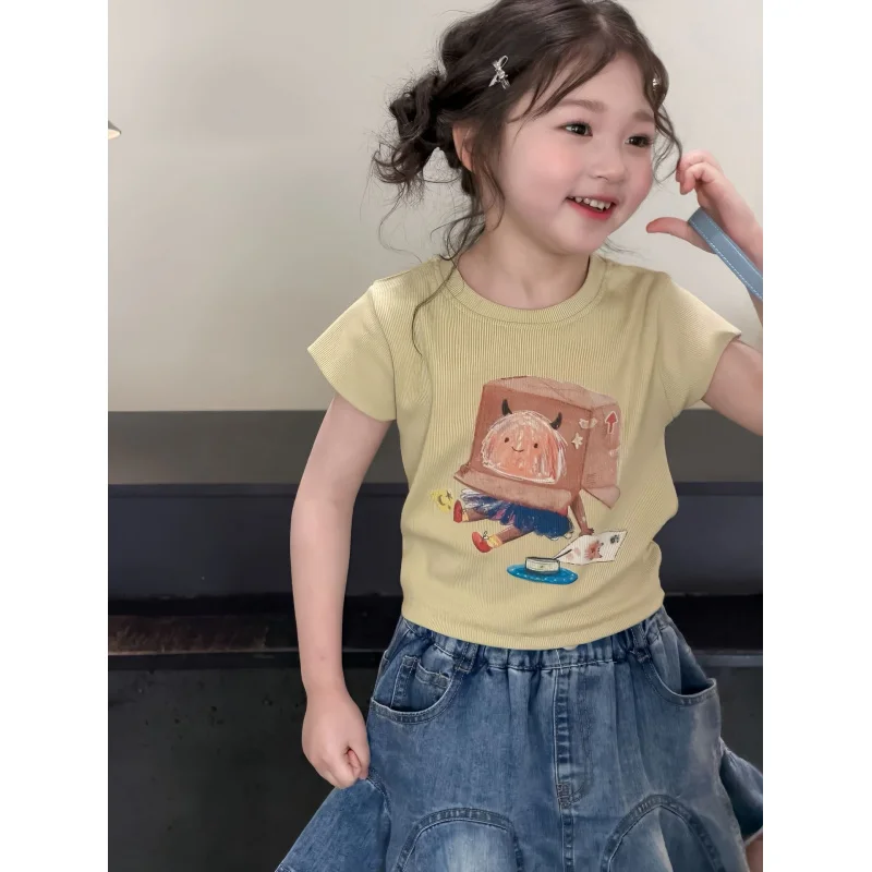 

Korean-style girls' summer outfit, stylish and fashionable children's short-sleeve denim skirt two-piece set, popular streetwear