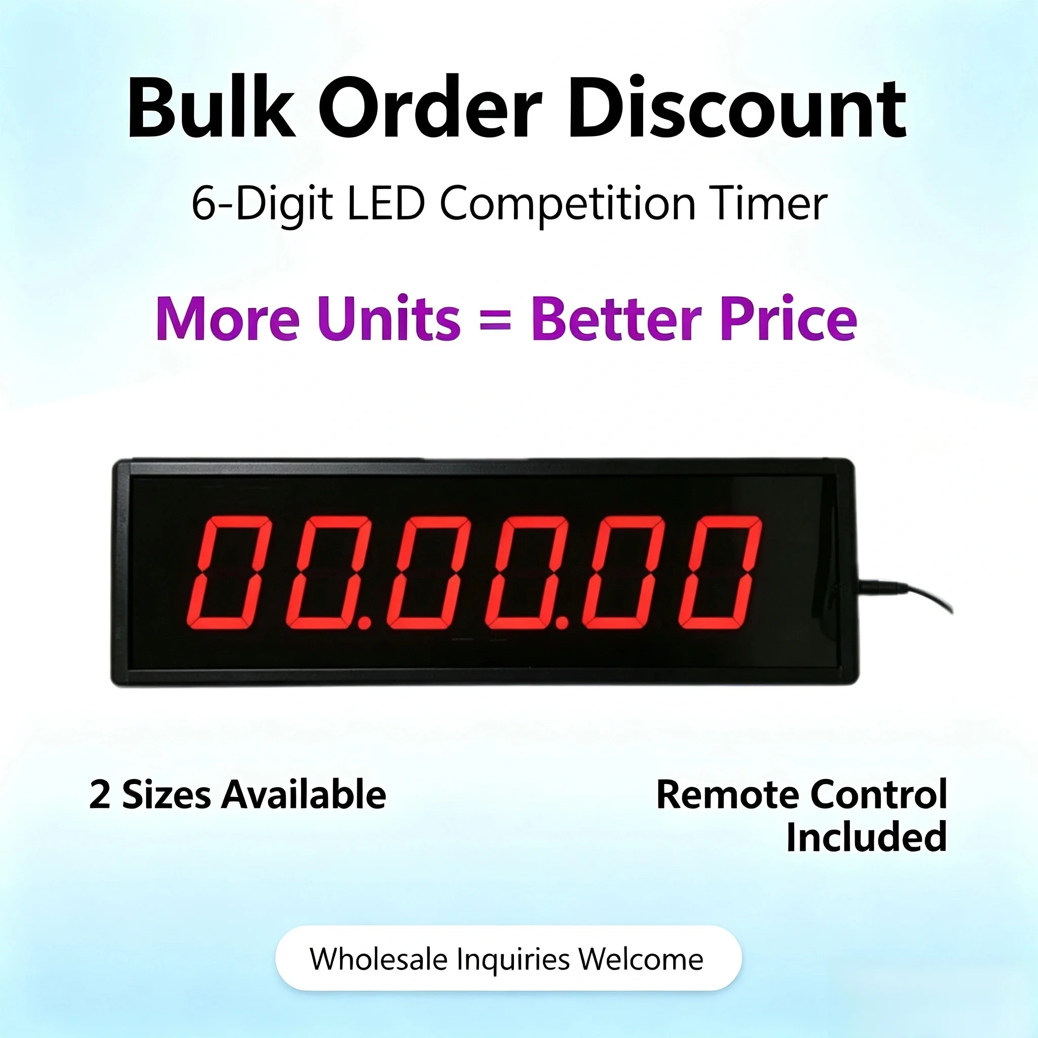6 Digit LED Competition Timer Push Button Start Stopwatch Voice Option Rechargeable / Plug-in Powered 2 Sizes Remote Control for