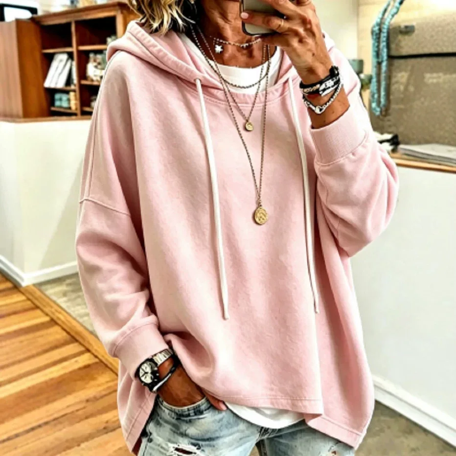 2026 Solid Color Drawstring Hooded. Sweatshirt, New Autumn/winter Style, Multifunctional Long-sleeved Pullover Hoodie For Women.