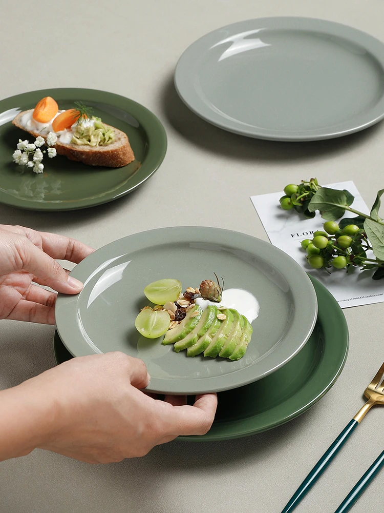 Home Dinner Set Plates and Dishes Ceramic Plate Scandinavian Style Olive Green Dinner Plate Dessert Plate Kitchen Utensils