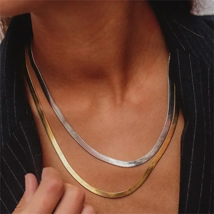 Width 2.5/3/4/5mm Stainless Steel Flat Necklace Gold Color Waterproof Filmy Snake Chain Women Men Classic Fashion Jewelry