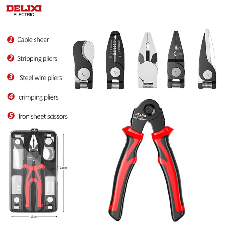 DELIXI ELECTRIC 5-in-1 Multifunctional Pliers Set,Interchangeable Plier Heads ，Wire pliers Stripper Cable Clamp Crimping Pliers