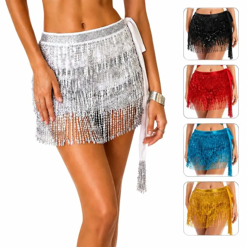 Sequin Fringe Wrap Skirt Adjustable Side Tie Sparkly Sexy Women's Skirt for Night Club Rave Festival Beach Cocktail Party