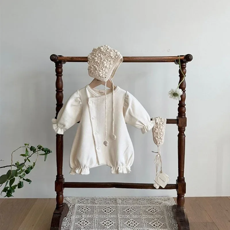 Newborn Photography Romper 2023 New Kids Clothing Korean Summer Autumn Solid Color One-piece Fashion Single Breasted Lace Cuff