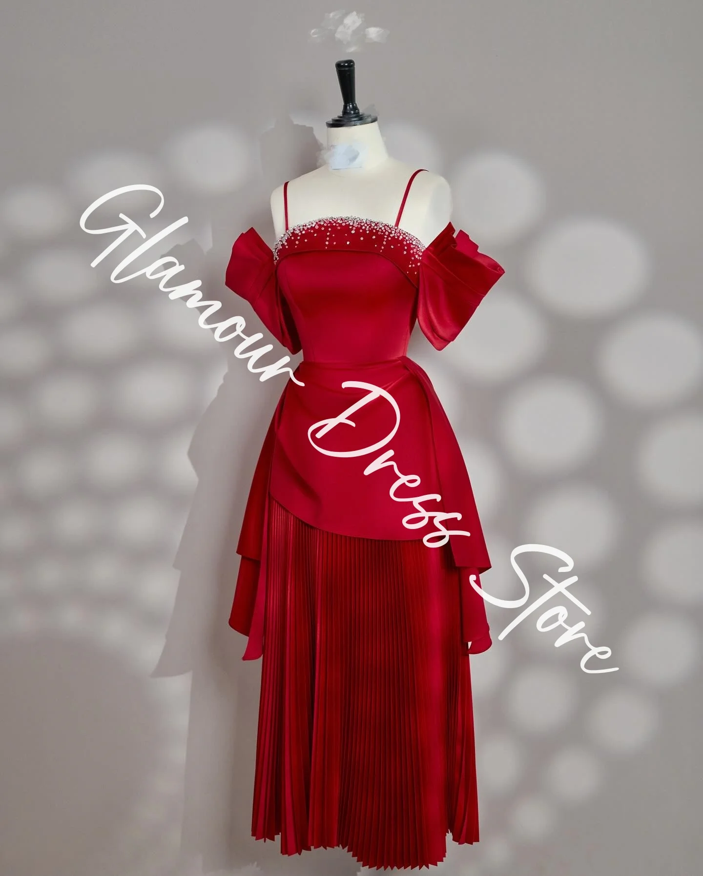 تخصيص رشيقة جيرسي ألف خط قبالة الكتف كريستال فساتين السهرة حمالة قصيرة الأكمام زيبر الظهر الأحمر برو #5