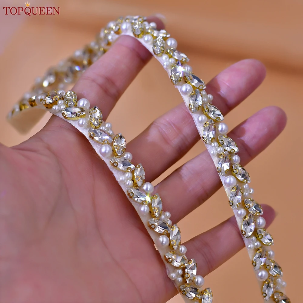 TOPQUEEN S383-G złoty Rhinestone pas ślubny cienka damska sukienka formalna odzież Sash Jewel druhna akcesoria ślubne Plus rozmiar