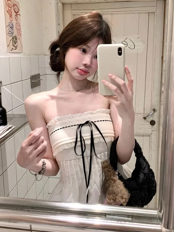 

Korean Sle Unique Beautiful Tube Top Wide Leg Jeans Two Piece Set Summer OOTD Outfit Cotton Long Pants Casual Faion