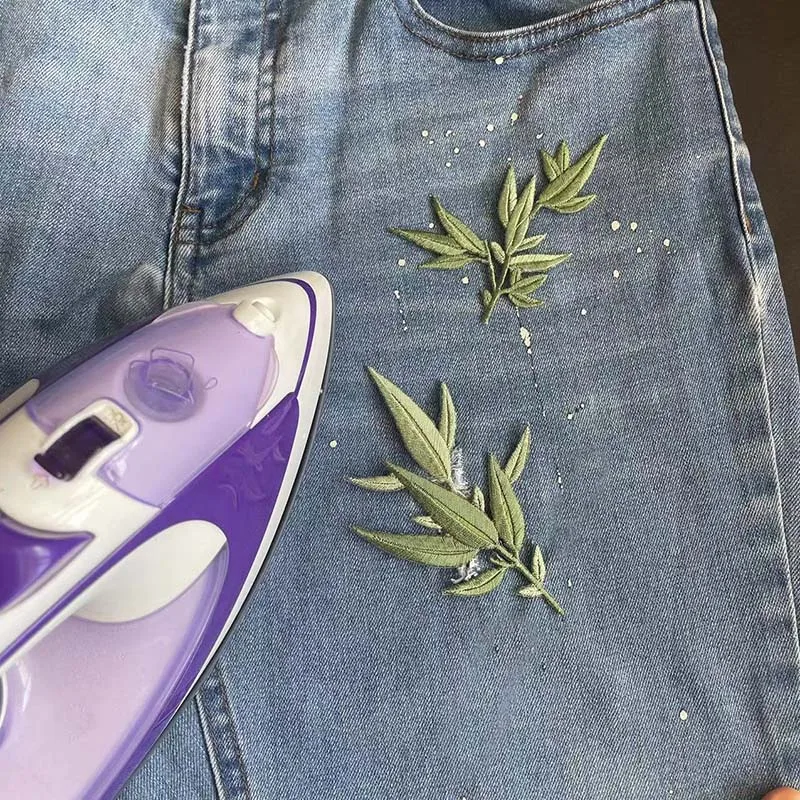 1 Stück, 7 Stück/Set/Grüne Pflanzen-Blumen-Stoff-Applikationen zum Aufbügeln, Bambusblätter-Blumenstickerei zum Aufbügeln für Kleidung – Detail 3