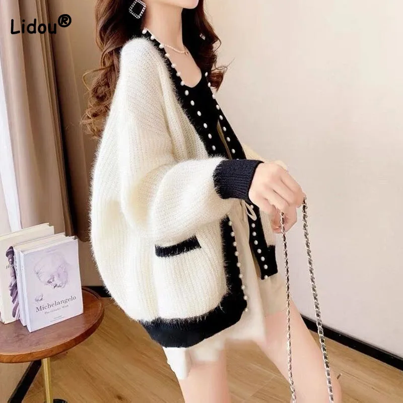 Fashion Warm Loose Beading Spliced Cardigan Autumn Winter Female Elegant Long Sleeve Pockets Sweaters Coat Women\'s Clothing