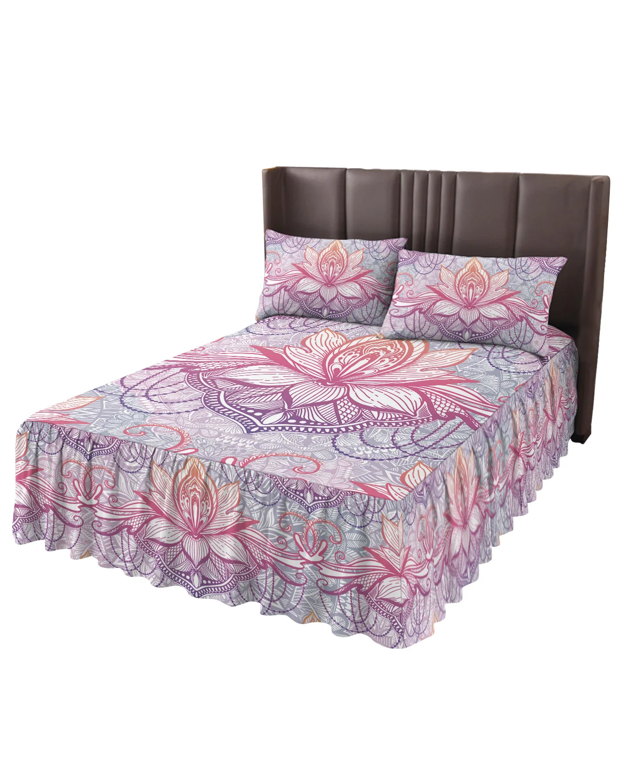 Mandala Lotus Gradient Skirt Elastic Fitted Bedspread With Pillowcases Mattress Cover Bedding Set Bed Sheet