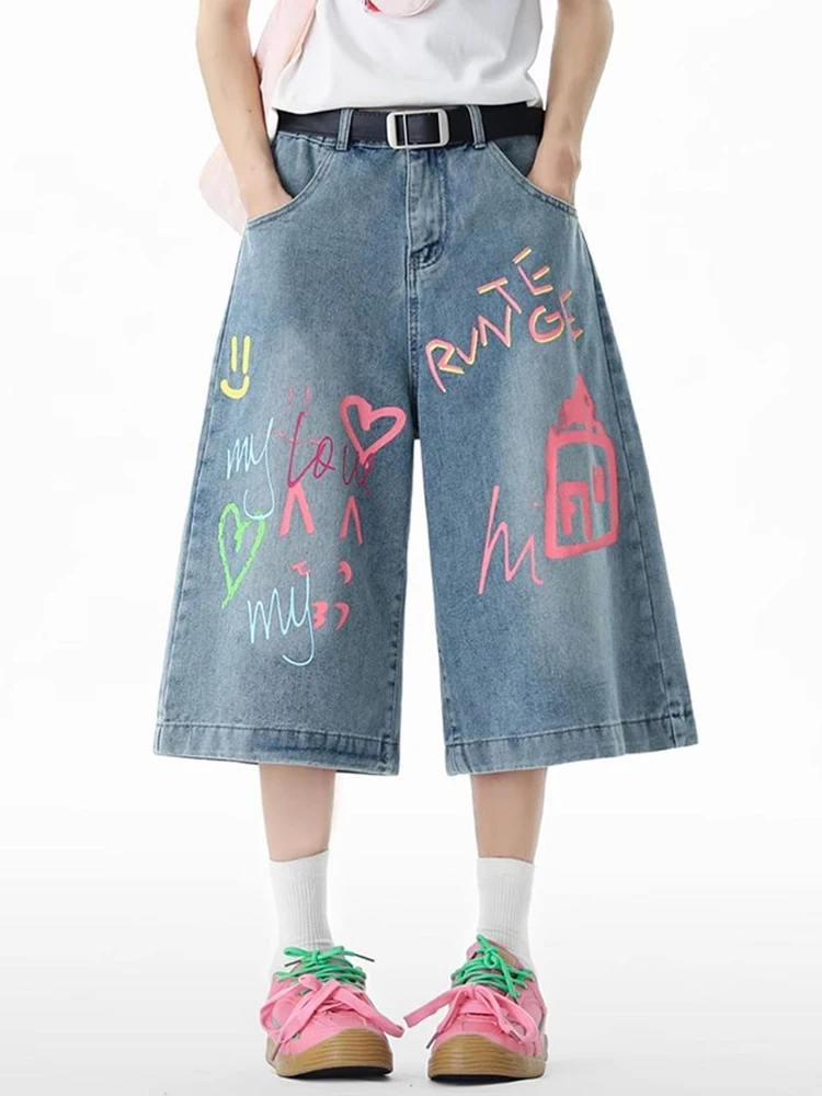 

Уличная одежда Джинсы с граффити Женские летние повседневные джинсовые брюки с высокой талией длиной до икры Американские ретро-допаминовые широкие джинсовые брюки