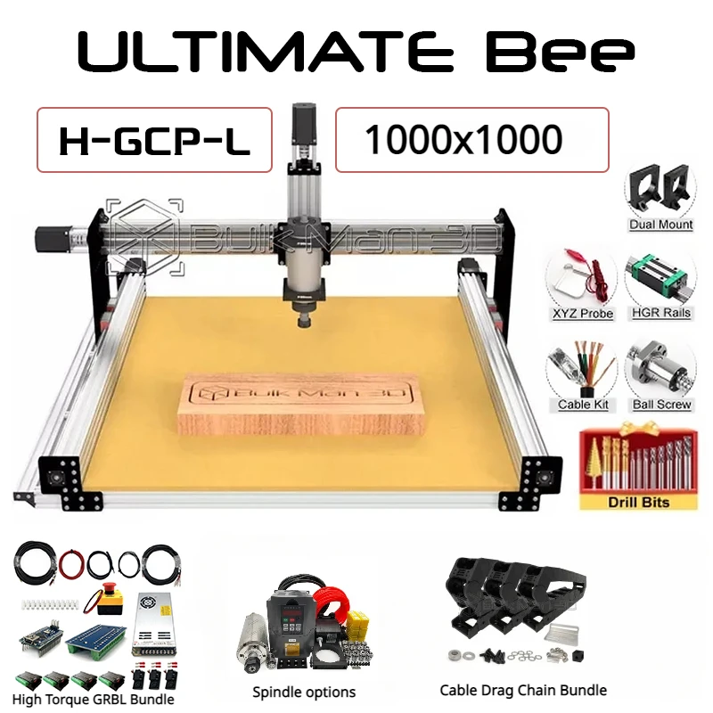 

BulkMan 3D Silver 1000x1000 ULTIMATE Bee CNC Machine Full Kit with High Torque GRBL Control System CNC Wood Router