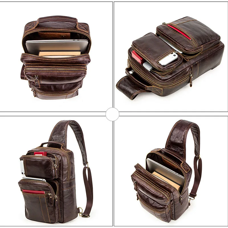 Retro Male Top Layer Cowhide Genuine Leather Shoulder Bags Waterproof Crossbody Travel Sling Messenger Pack Chest Bag for Men