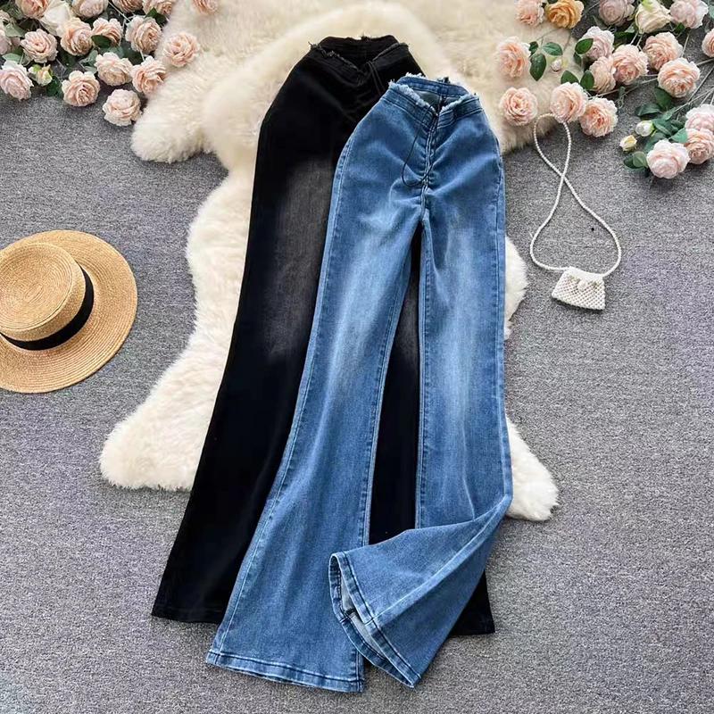 High Waist Pleated Elastic Micro Flared Pants for Women Summer 2024 New Fashion Casual Streetwear Blue Jeans Women\'s Clothing