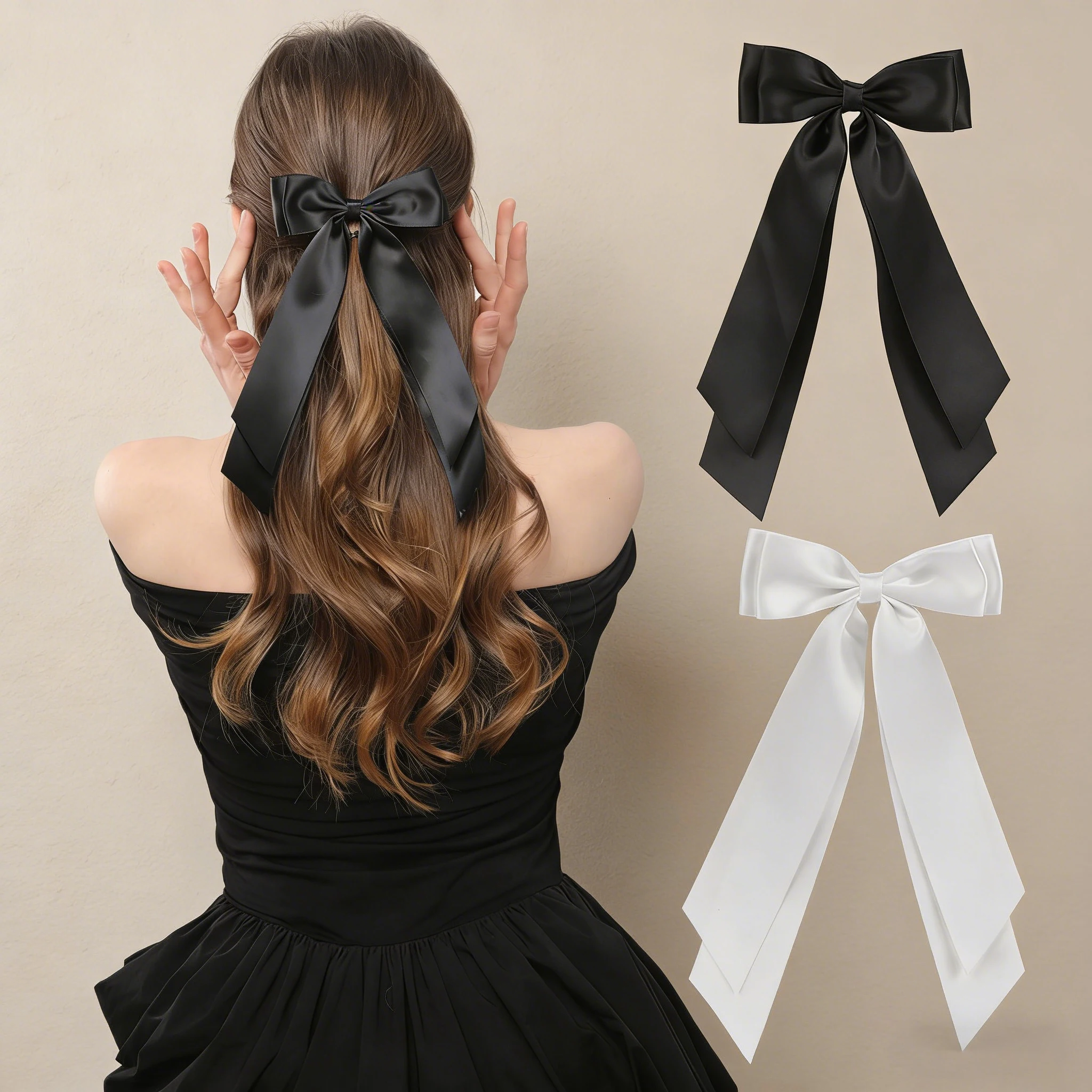 2 Pieces of Double-Layer Bowknot White and Black Ribbon Ponytail Holders Suitable for Women, Girls, Toddlers, Teenagers, and Children