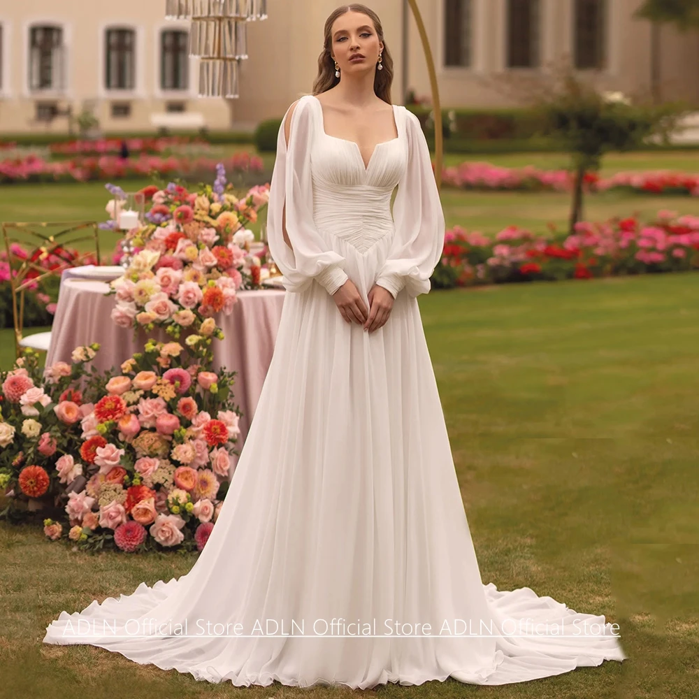 Customized Wedding Dress New Arrival Small V Neck Detachable Puff Sleeves Pleated Sweep Train Bride Chiffon Bridal Gown
