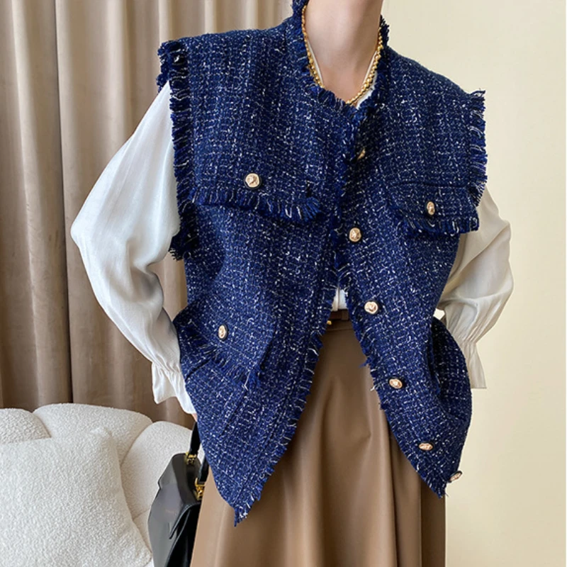 Chic Vintage Small Fragrance Style Tweed Vest Coat O-neck Single Breasted Raw Edge Sleeveless Jacket Korean Autumn Waistcoat