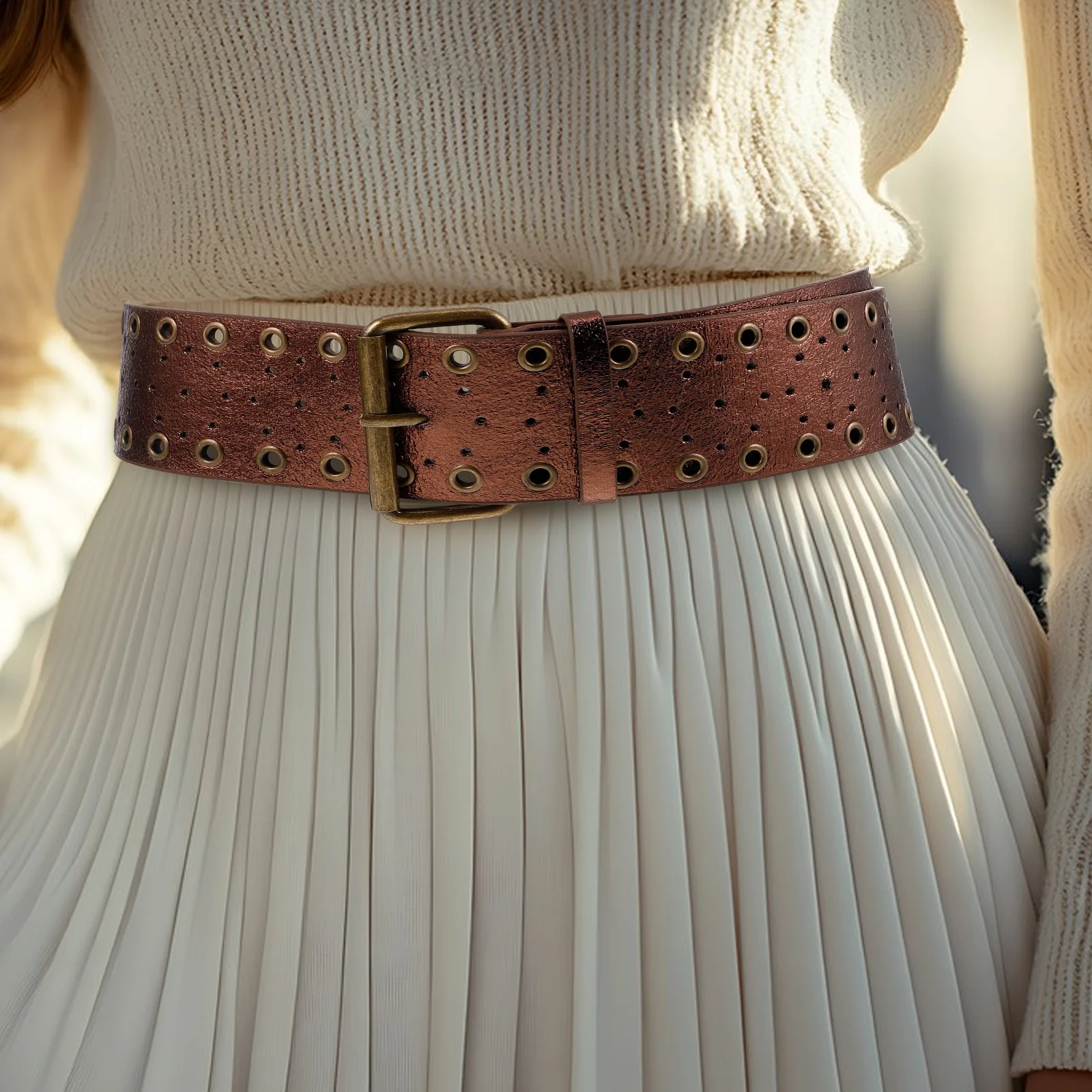 

Western Cowboy PU Belt Wide Waist Hollow Design Boho Style Vintage Dress Belt for Women Men Casual Daily Wear Everyday Belts