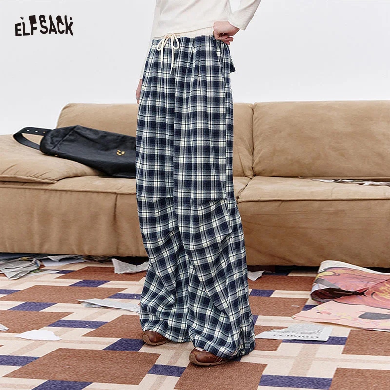 

ELFSACK 2025 Autumn New Arrival Casual Loose Plaid Drawstring Long Pants For Woman