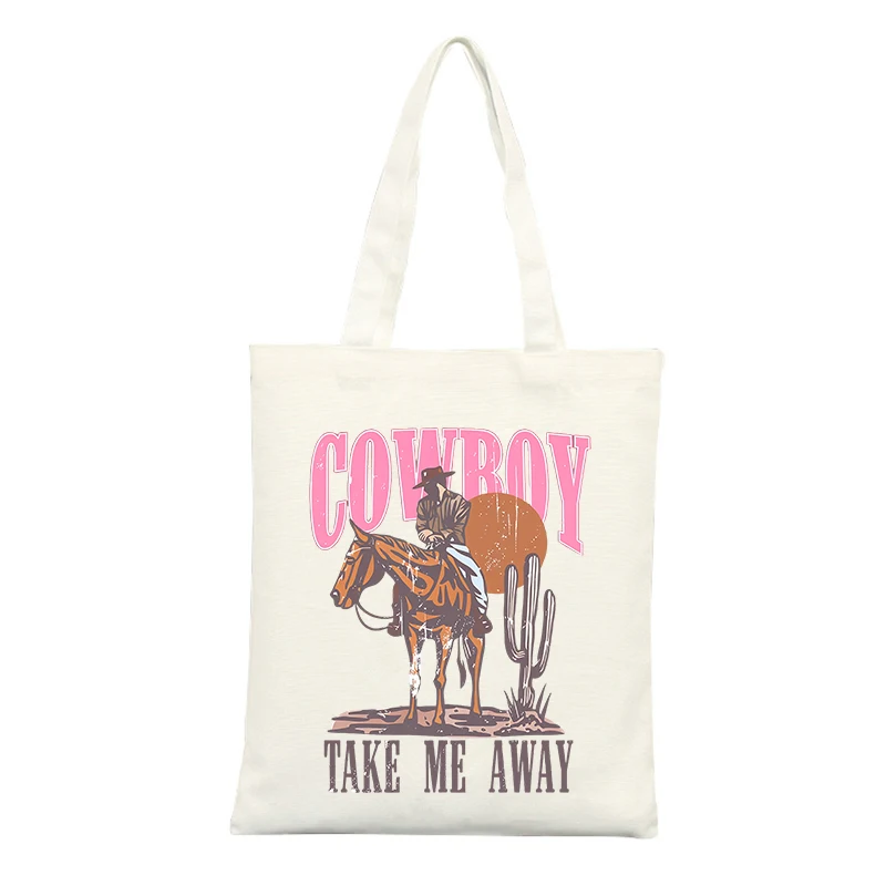 Canvas Tote Bag with Cowboy and Cactus Graphic, Vintage Style for Casual Outings and Daily Use