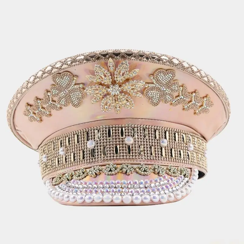 31BF Bride Military Hat Champagne Golden Pearl Bridal Captain Sergeants Hat Luxurious Festival Birthday Party Hat