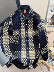 Pre-Fall Plaid Jacket Men's High Street Casual Knitted Loose Fit Top Youthful Vitality Style Outerwear Warm Polyester