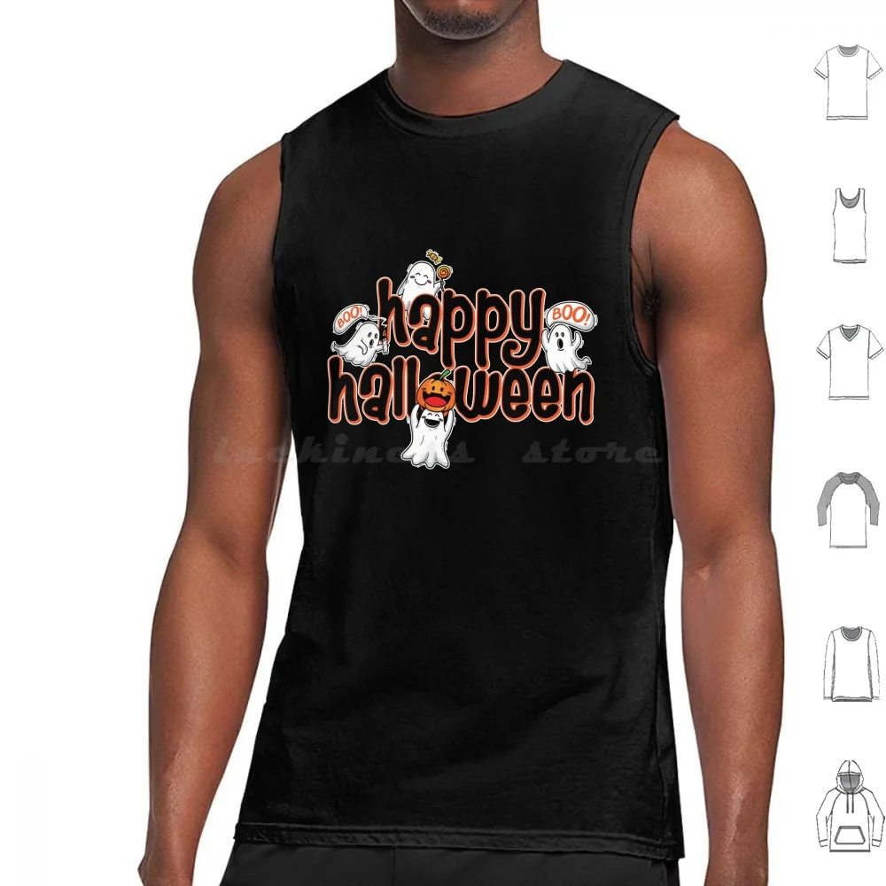 Halloween Cartoon Cute Ghost Tank Tops Print Cotton Cartoon Vector Party Holiday Scary October Celebration Pumpkin